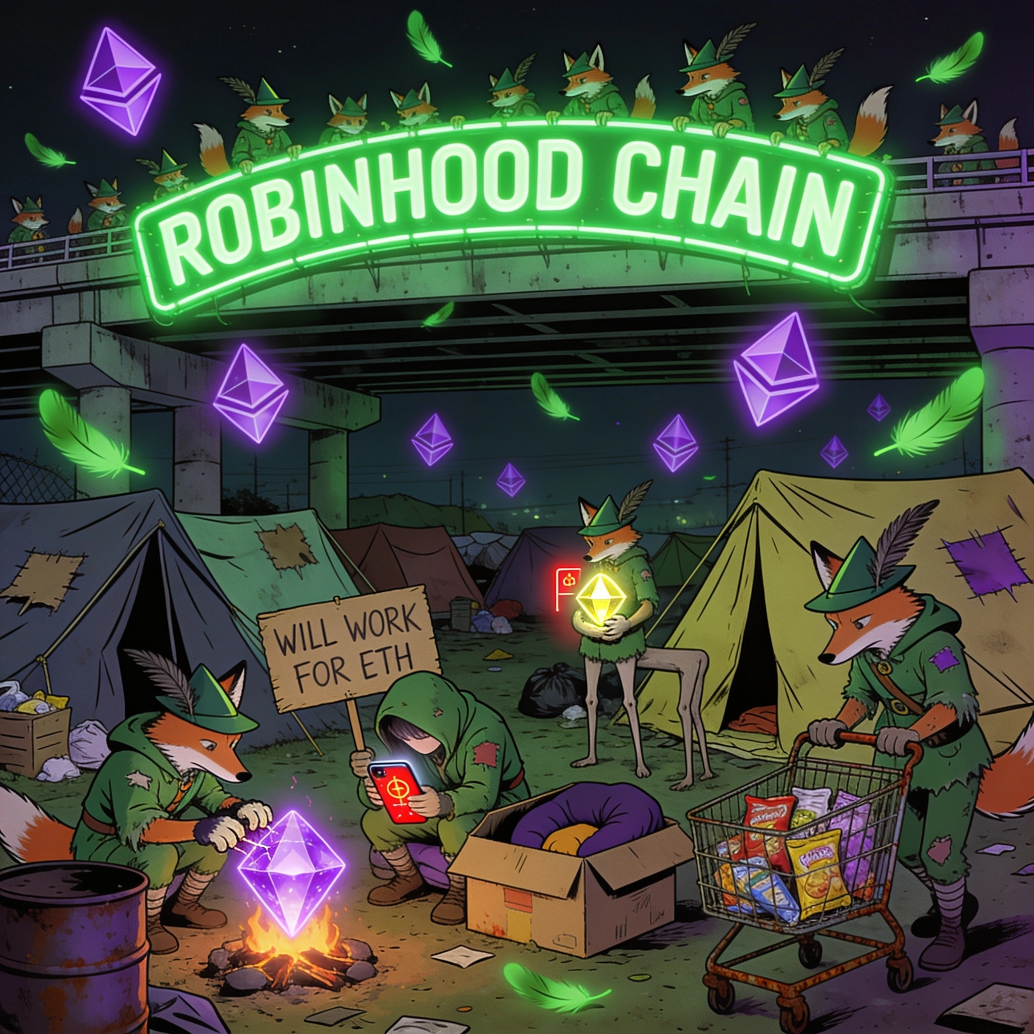 A whole homeless encampment of Robin Hood foxes living in tents under a glowing ROBINHOOD CHAIN overpass, warming their paws over an Ethereum-diamond campfire