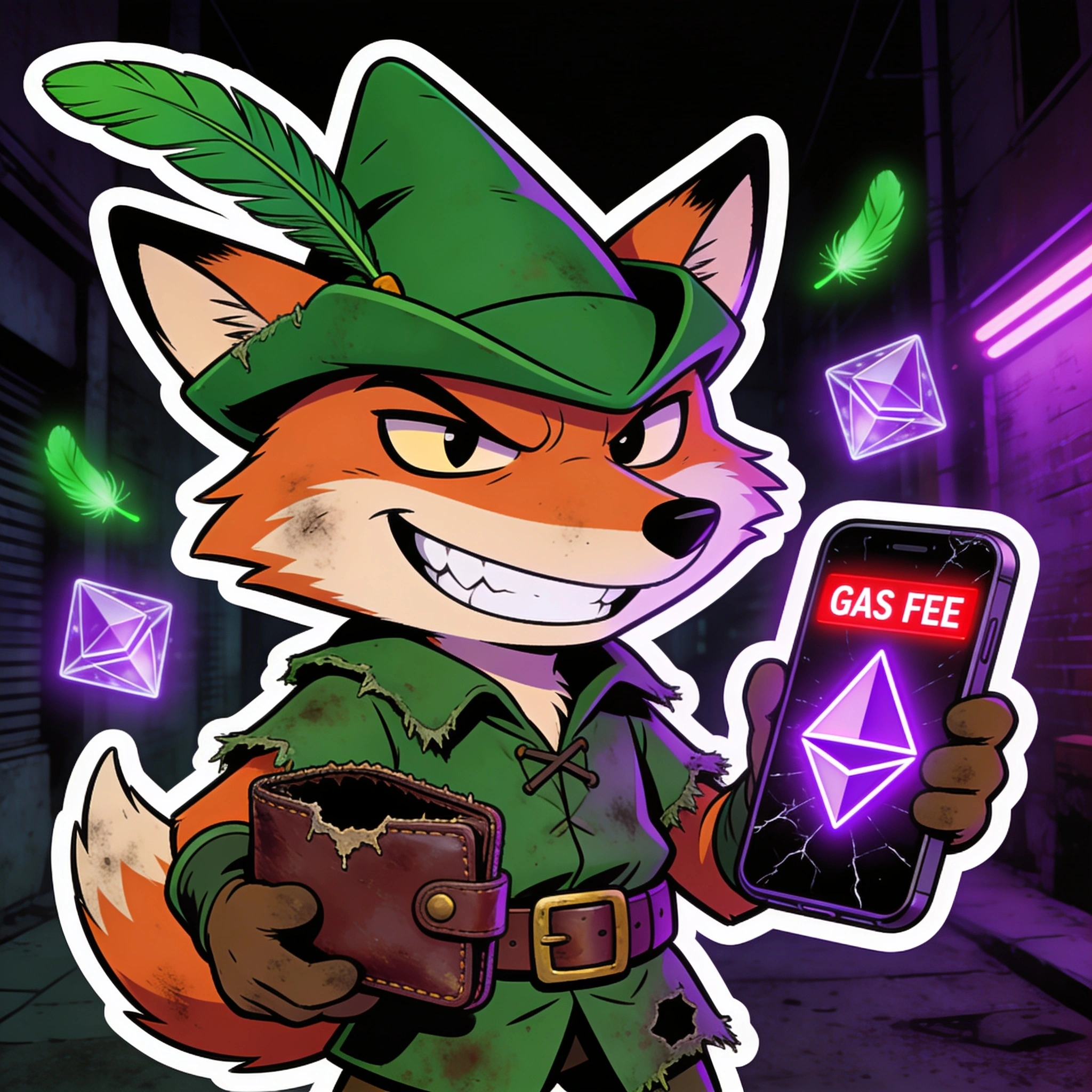 Robin, the troll-face fox in tattered Robin Hood attire, holding an empty wallet and a cracked phone flashing a gas fee