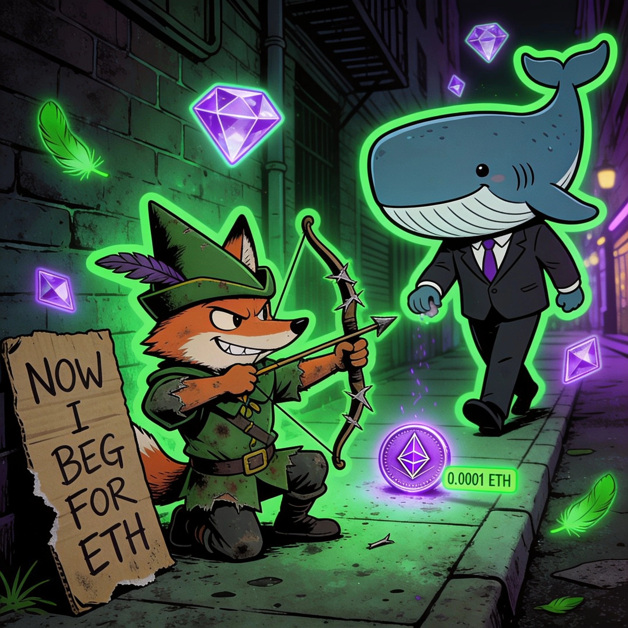 Broken Robin Hood fox aiming an empty bow at a rich whale who airdropped 0.0001 ETH