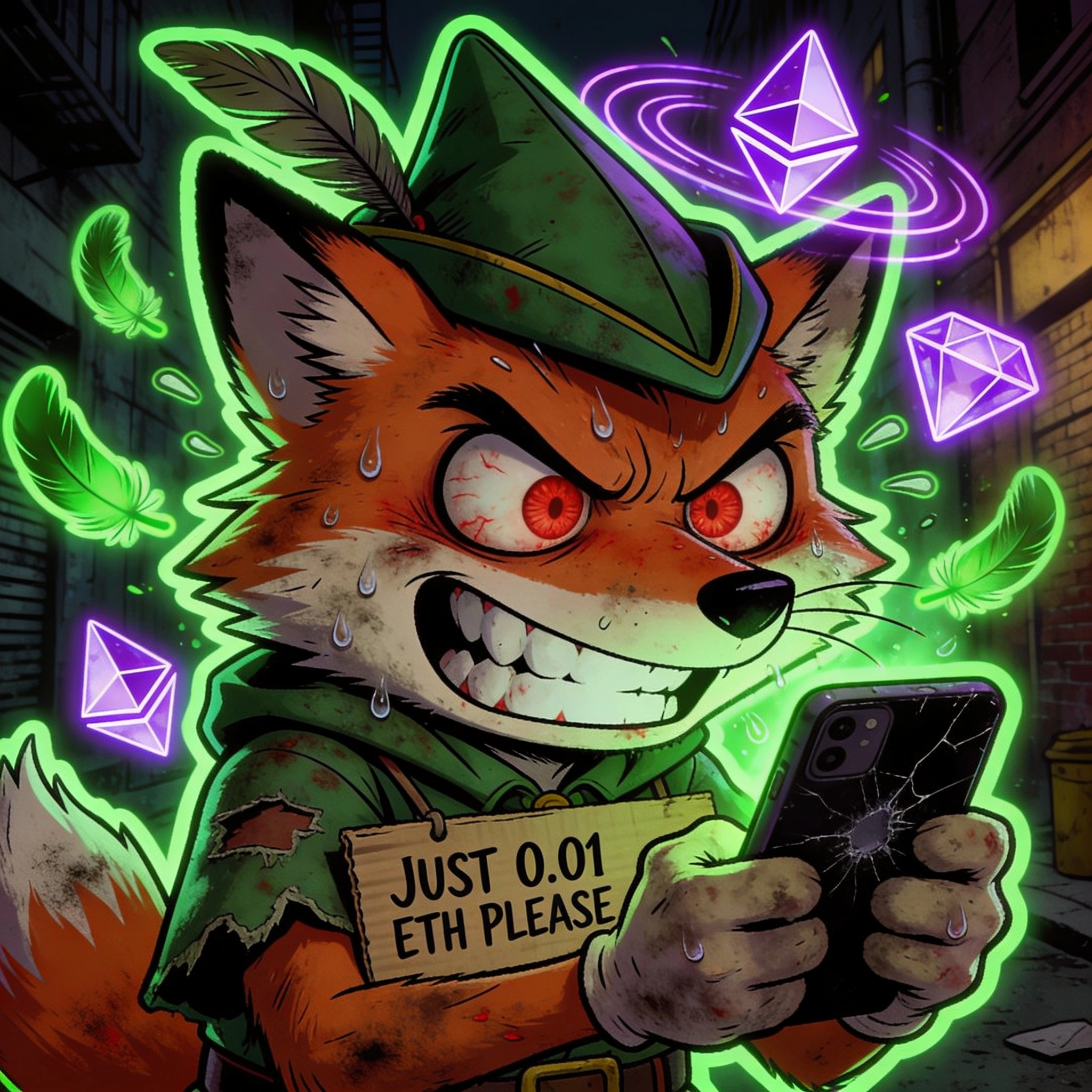 Fox shaking and sweating in ETH withdrawal, hallucinating green feathers and ETH logos