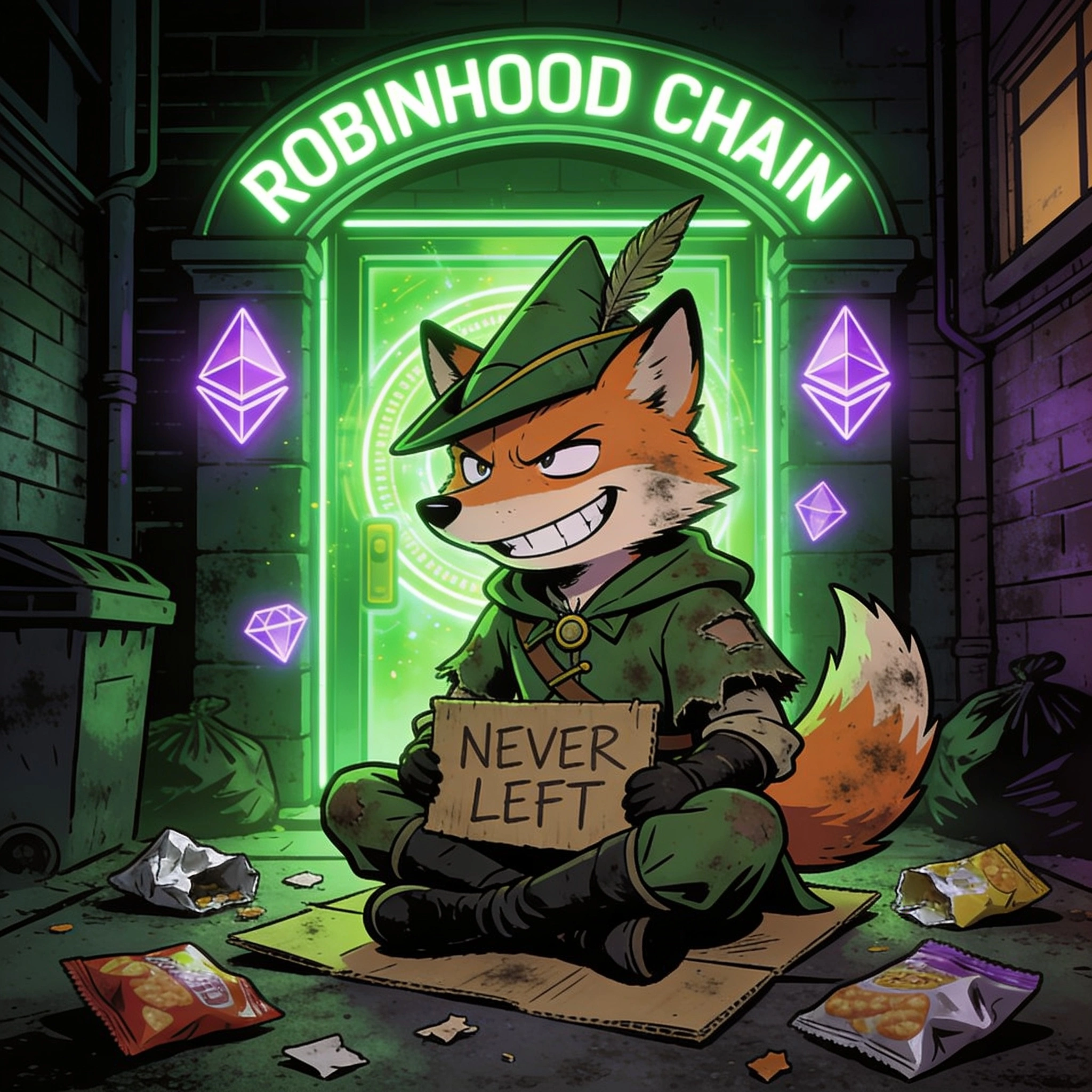 Fox sitting outside a glowing Robinhood Chain portal surrounded by broken dreams