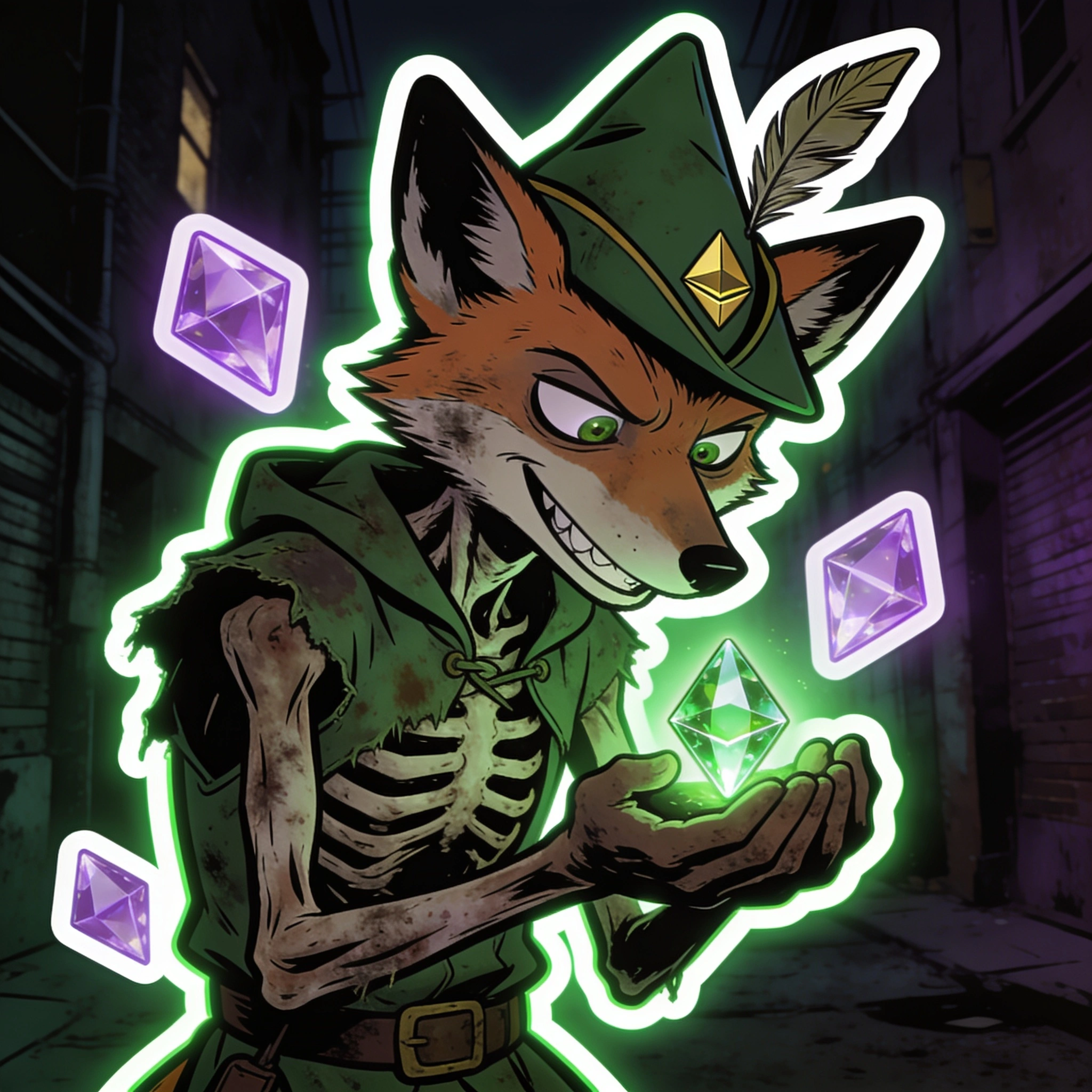 Skinny fox cradling a tiny glowing ETH diamond like treasure